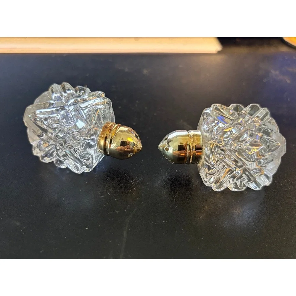 Vintage Crystal Salt and Pepper Shakers with Gold Lids
